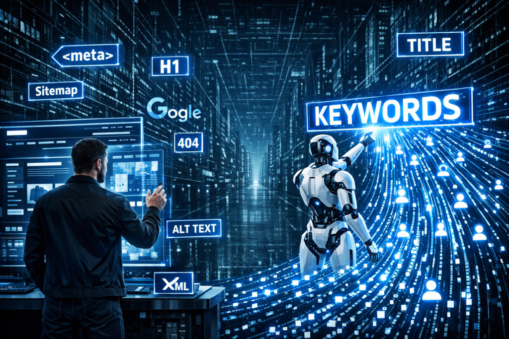 Futurystyczny cyfrowy sklep na pustej ulicy internetu z hologramami SEO i robotem aktywującym słowa kluczowe