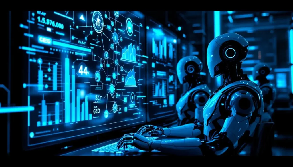 Humanoidalne roboty analizują dane na przezroczystych ekranach w futurystycznym wnętrzu