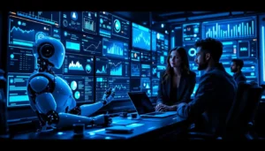 Ludzie i roboty współpracują w futurystycznym centrum social media