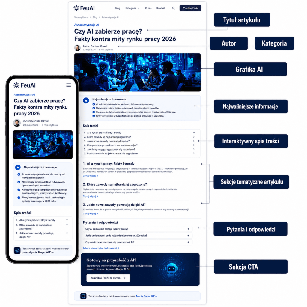 Struktura artykułu tworzonego przez Bloger AI Pro – tytuł, autor, kategoria, grafika AI, najważniejsze informacje, spis treści, FAQ i CTA