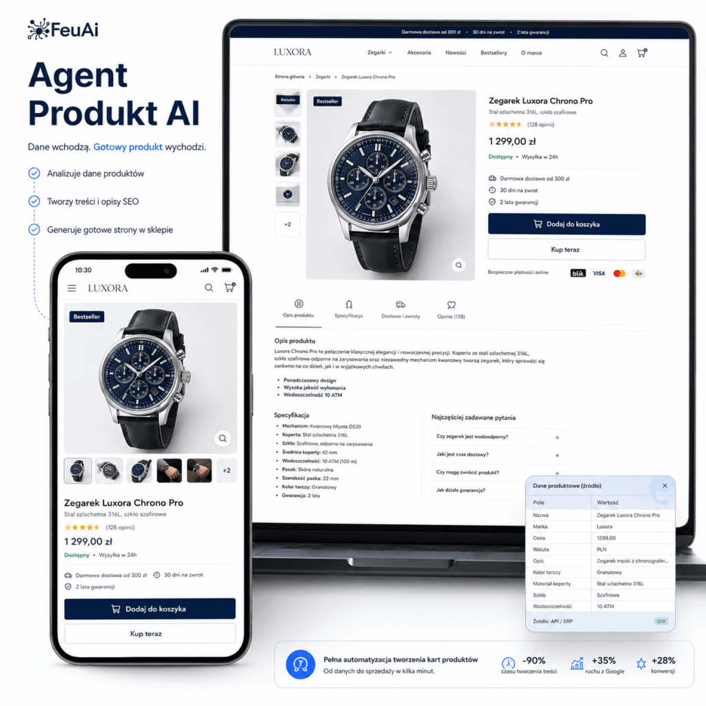 Karta produktu przygotowana przez Agent Produkt AI na komputerze i telefonie z opisem, zdjęciem, meta danymi i informacjami produktowymi