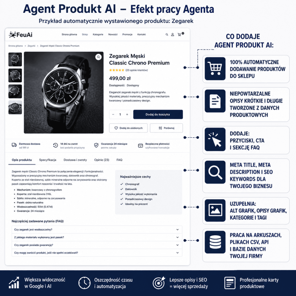 Agent Produkt AI automatycznie dodaje produkty do sklepu, tworzy opisy, meta dane, ALT grafik, kategorie, tagi i dane produktowe