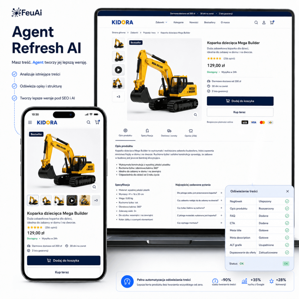 Efekt pracy Agent Refresh AI na komputerze i telefonie — odświeżona karta produktu z poprawioną treścią i danymi SEO
