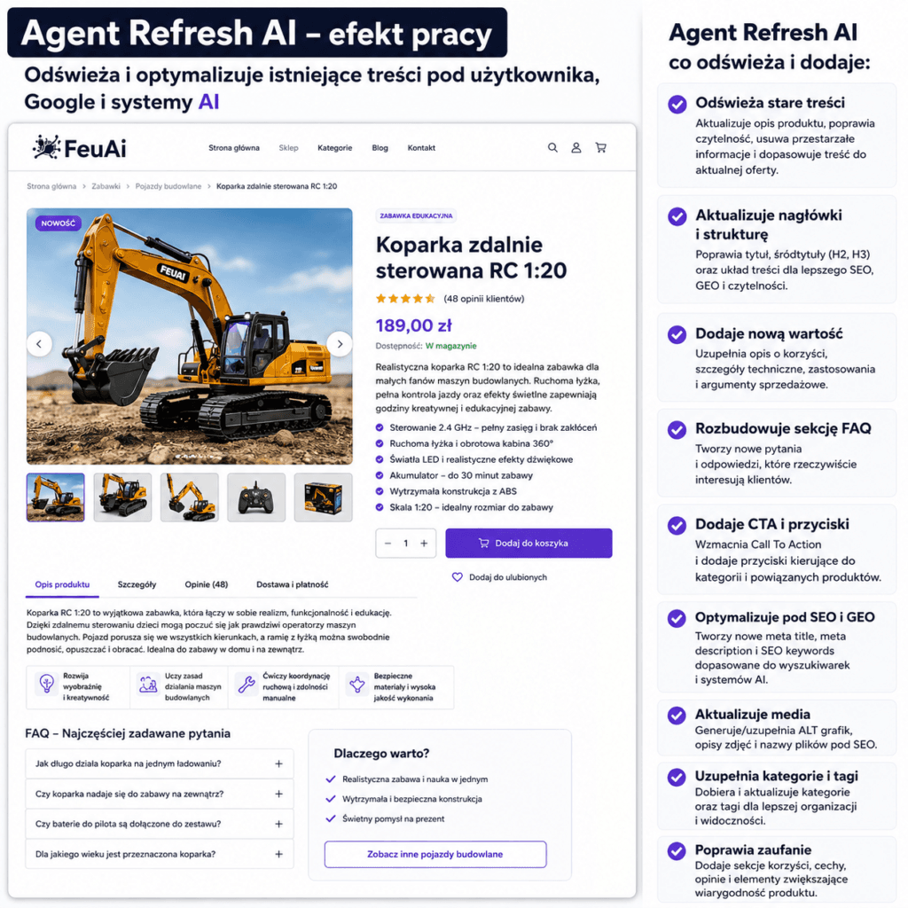 Agent Refresh AI odświeża stare treści, opisy produktów, CTA, FAQ, meta dane i elementy SEO/GEO