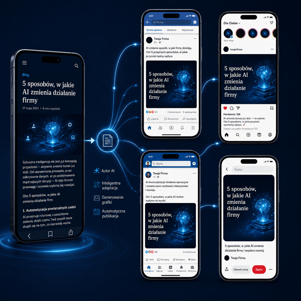 Marketing Agency AI pokazujący
automatyczne tworzenie artykułu blogowego i postów na Facebook, Instagram, LinkedIn oraz Pinterest