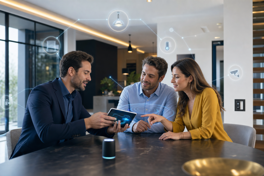 Ekspert smart home omawia system z parą klientów przy stole w nowoczesnym wnętrzu, tablet prezentuje zintegrowane funkcje automatyki domowej