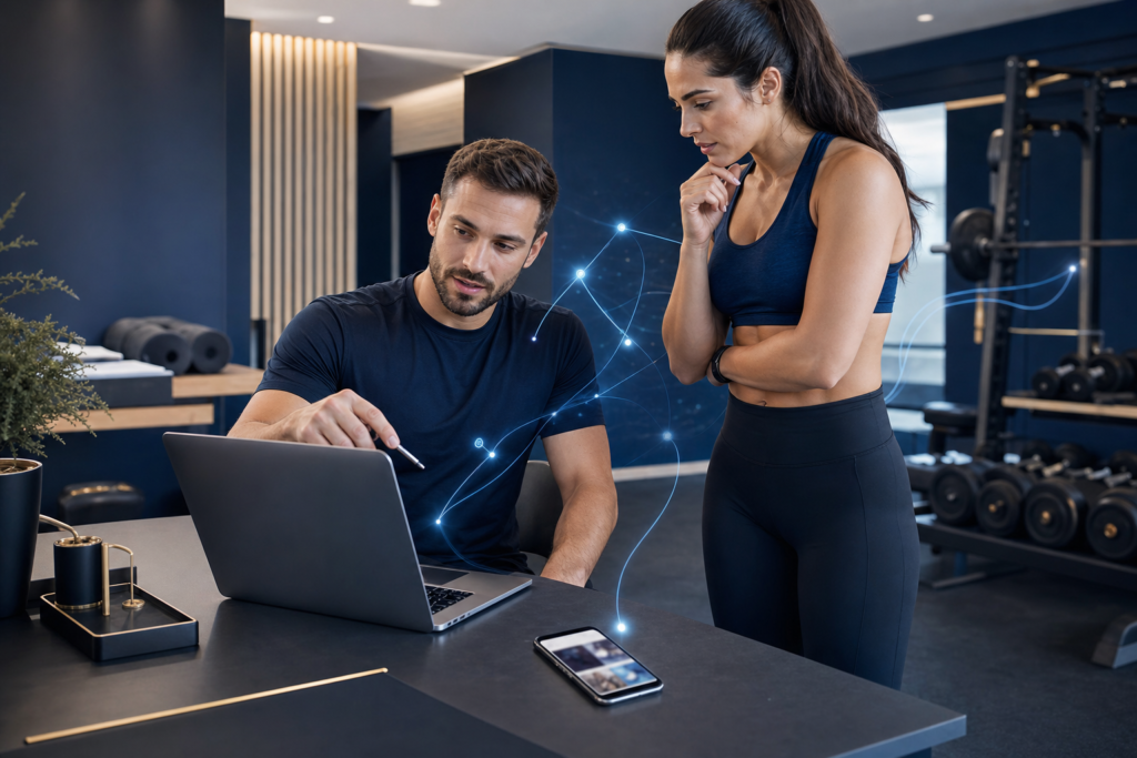 trener personalny omawia plan działania z klientem przy laptopie w nowoczesnym studio fitness, akcenty AI i elementy cyfrowe podkreślają biznesowe podejście do pozyskiwania klientów