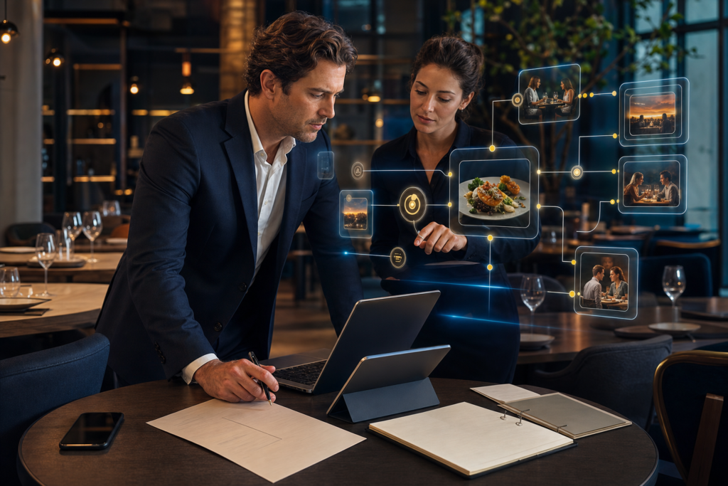 Właściciel restauracji analizuje treści marketingowe z pomocą laptopa i AI w stylowym wnętrzu przed otwarciem lokalu