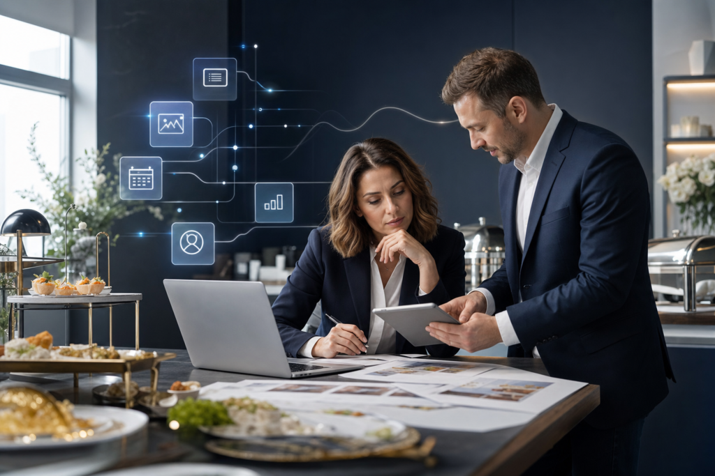 Właściciel firmy cateringowej planuje strategię marketingową z konsultantem przy nowoczesnym biurku z elementami AI i eleganckimi potrawami w tle przed sezonem imprez