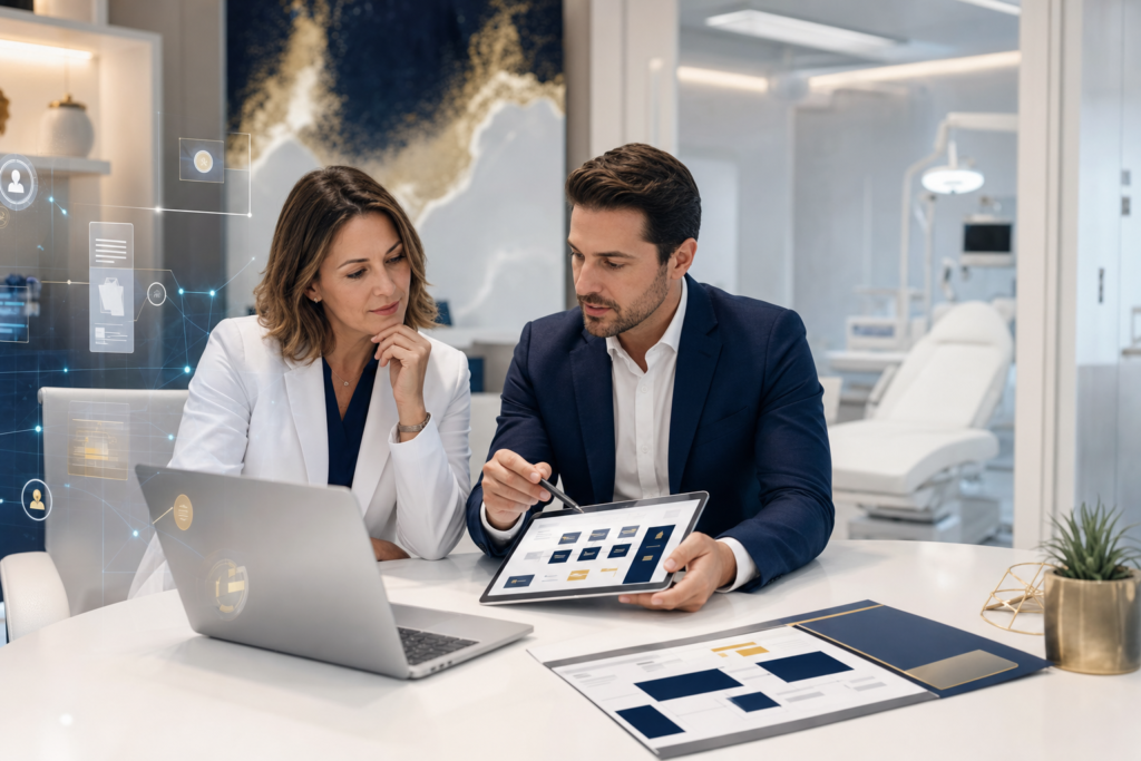 Właściciel kliniki medycznej i konsultant analizują system treści na laptopie w nowoczesnym, jasnym gabinecie z elementami nawiązującymi do AI i porządku w marketingu