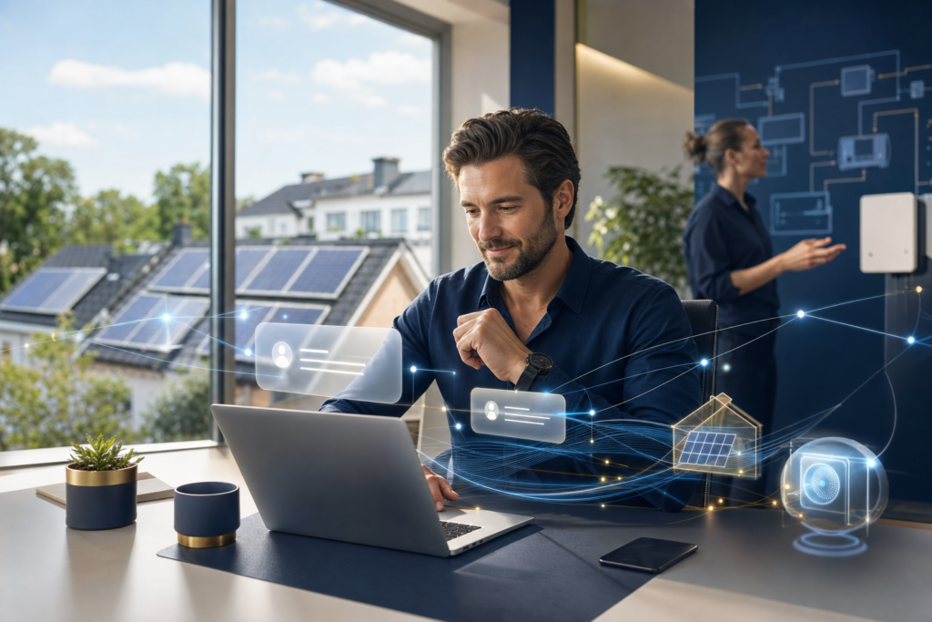 Właściciel firmy instalacyjnej OZE analizujący zapytania klientów przy nowoczesnym biurku z elementami AI symbolizującymi automatyzację leadów i inteligentny system SEO