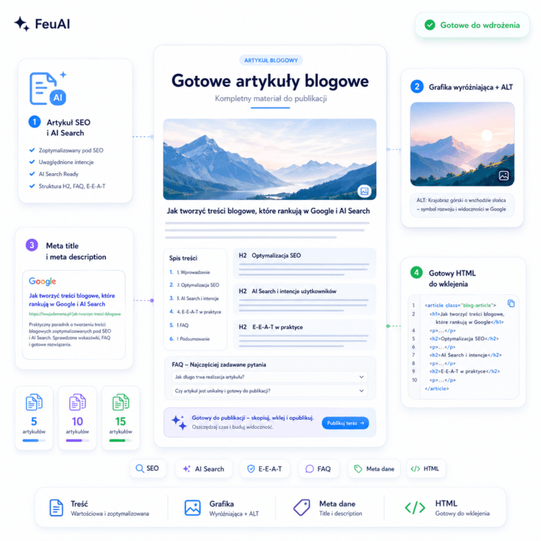 Gotowy artykuł blogowy SEO i AI Search z grafiką, meta danymi, FAQ i kodem HTML do wklejenia