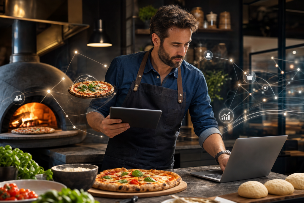 właściciel pizzerii analizujący cyfrowe treści przy ladzie, z pizzami i składnikami w tle, otoczony subtelnymi elementami symbolizującymi AI, marketing i lokalne SEO